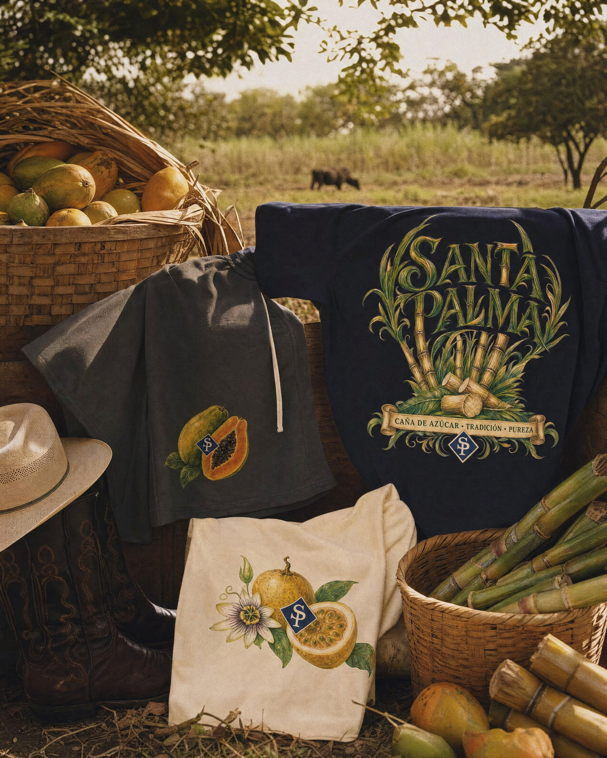 The grey drawstring shorts hung over a basket in a cane field, the papaya print low on the leg, beside the navy caña tee and a cream cloth printed with a chinola.