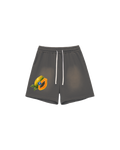 Sun-faded grey shorts with white drawstring; a whole and cut papaya with black seeds sits low on the left thigh.