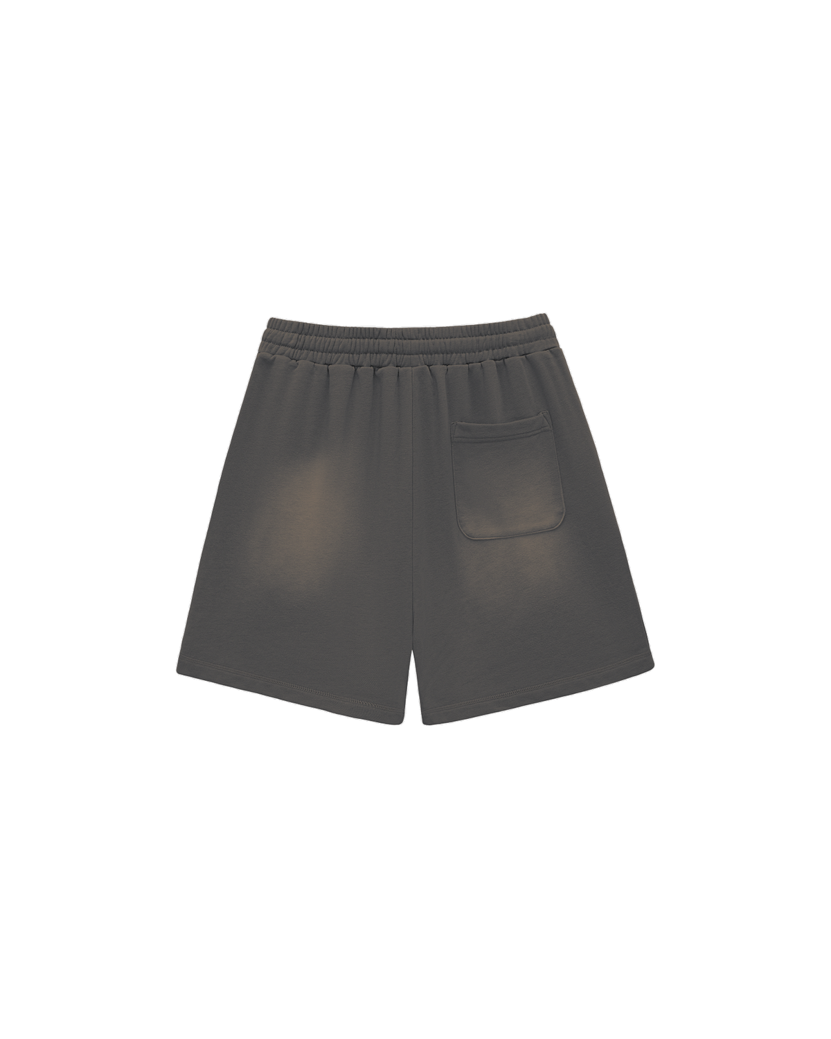 Back view of the same grey shorts: plain, uneven fade, elasticated waist, one patch pocket on the right hip.