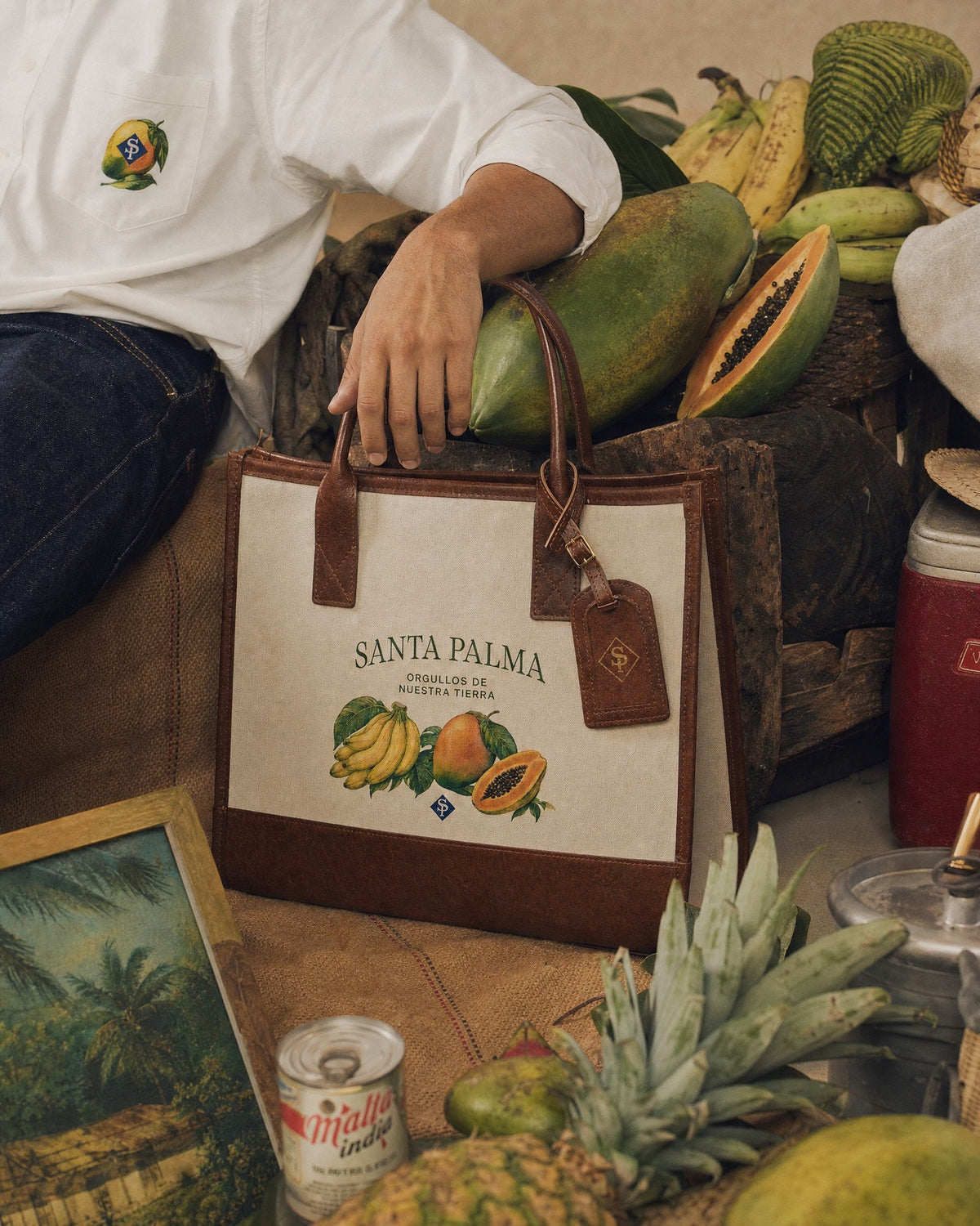 The tote set down at a fruit stall among green lechosas, plantains and a cut papaya, a hand resting on its handles.