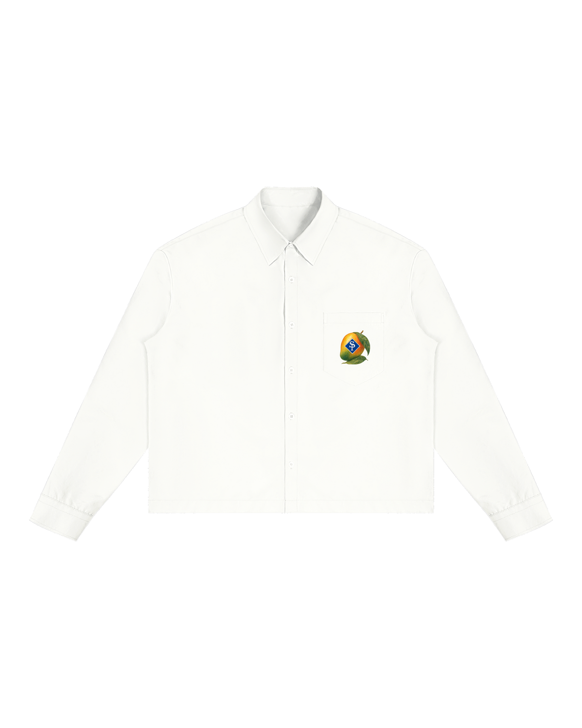 Off-white boxy button-up shirt, front view; a small mango with a blue SP diamond sits on the chest pocket.