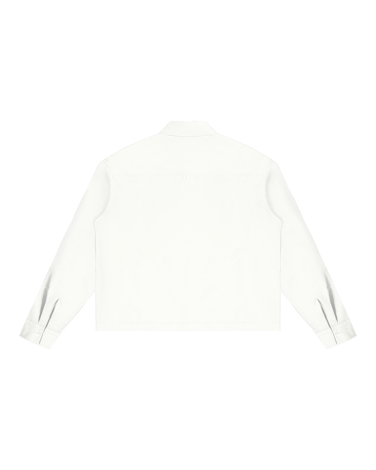 Back view of the same off-white long-sleeve shirt, entirely plain, with a shoulder yoke seam and no illustration.