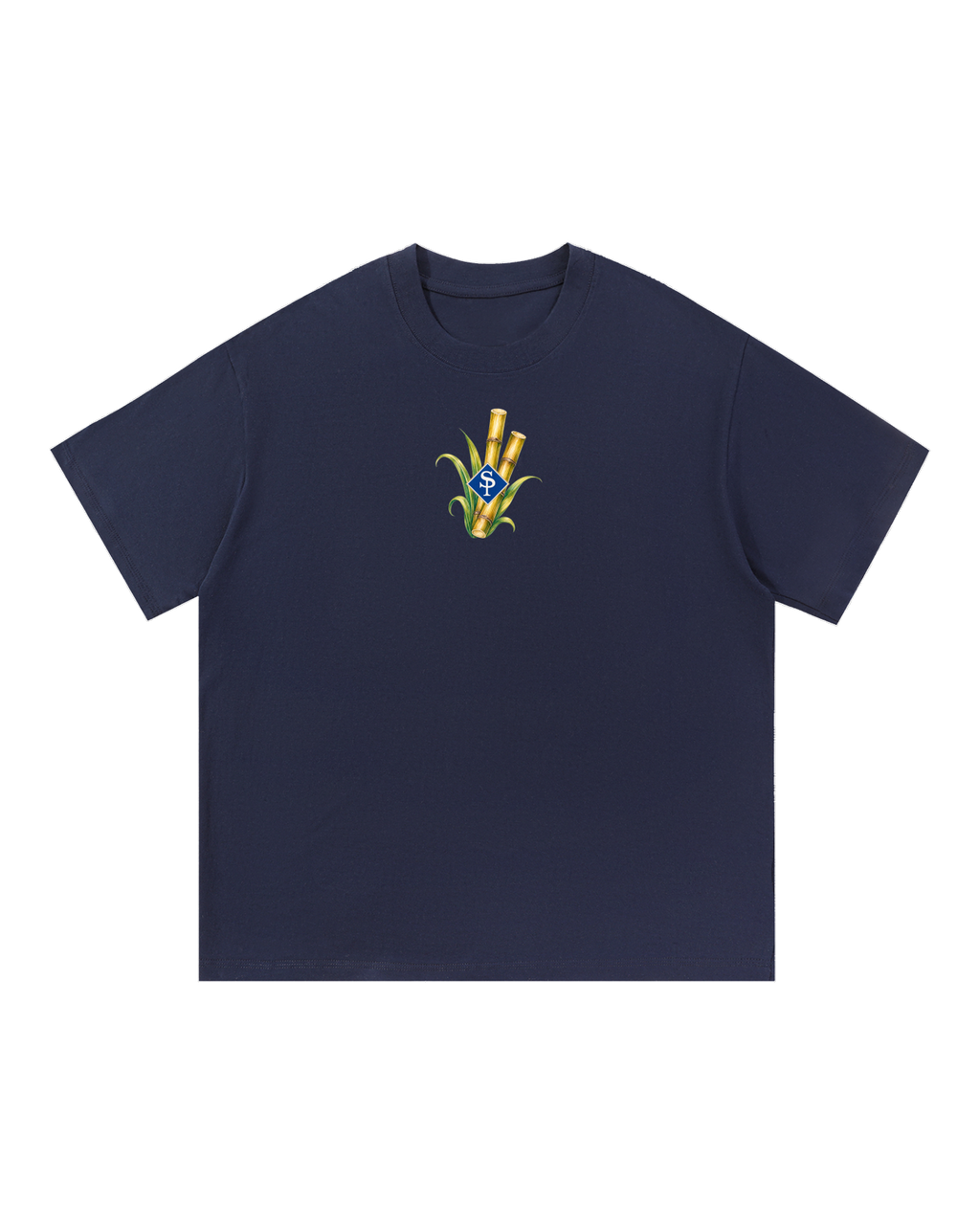 Deep navy tee with a small chest illustration of cut gold sugarcane, green blades and a blue SP diamond.