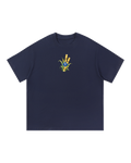Deep navy tee with a small chest illustration of cut gold sugarcane, green blades and a blue SP diamond.