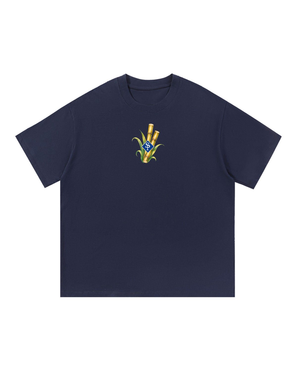 Deep navy tee with a small chest illustration of cut gold sugarcane, green blades and a blue SP diamond.