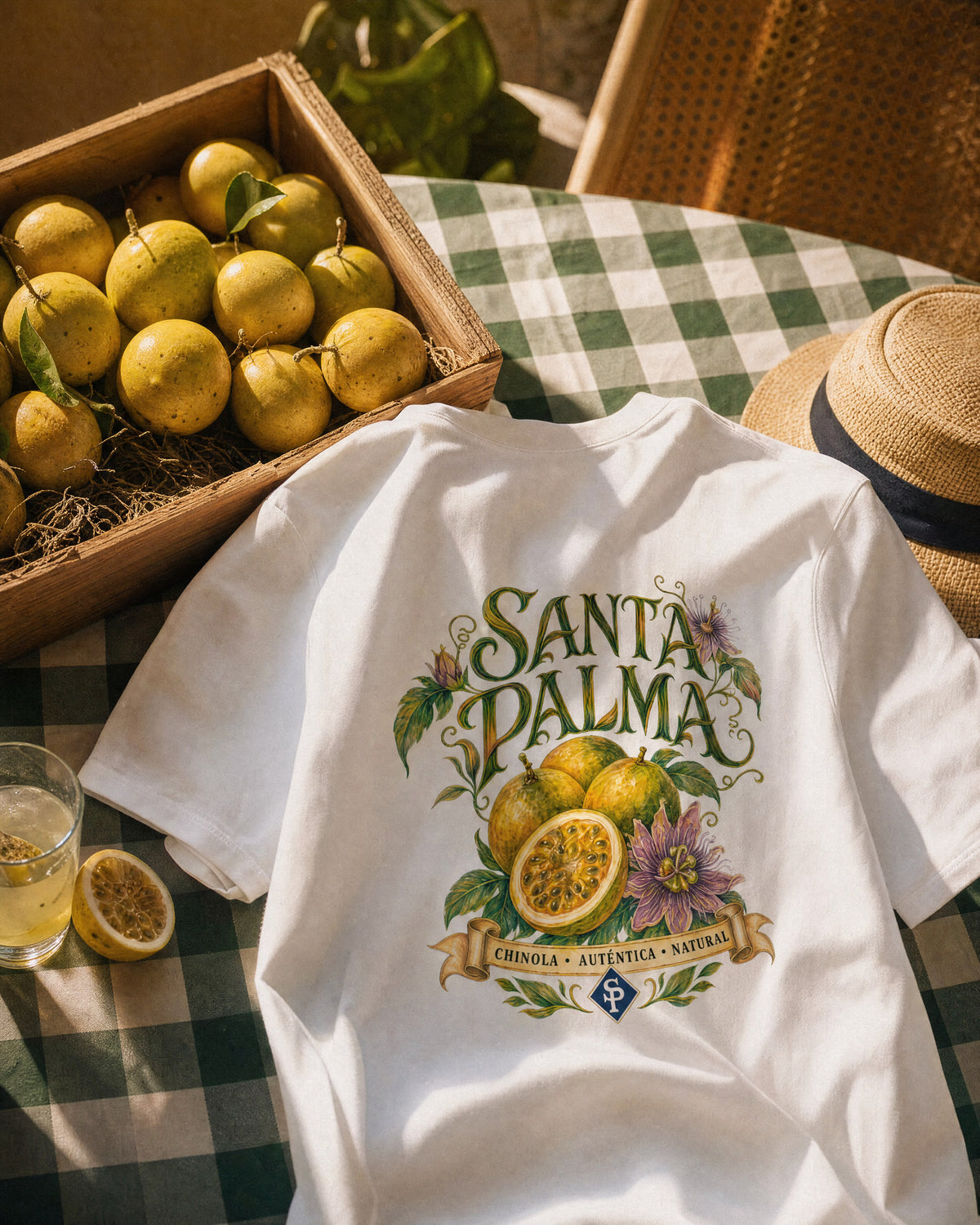 The white tee on a green gingham tablecloth, back print facing up, next to a crate of whole chinolas, a halved one and a straw hat.