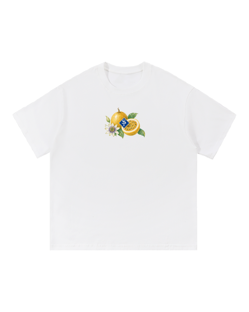 White tee, small chest illustration: a whole and a halved chinola, a passionflower, and a blue SP diamond.