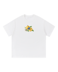 White tee, small chest illustration: a whole and a halved chinola, a passionflower, and a blue SP diamond.
