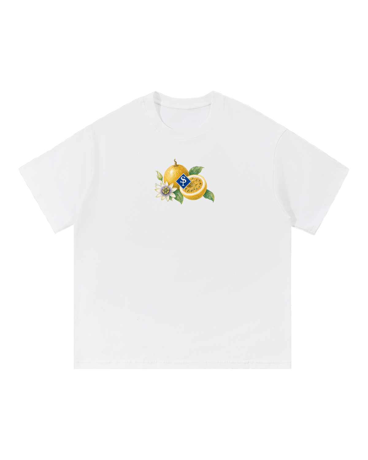 White tee, small chest illustration: a whole and a halved chinola, a passionflower, and a blue SP diamond.