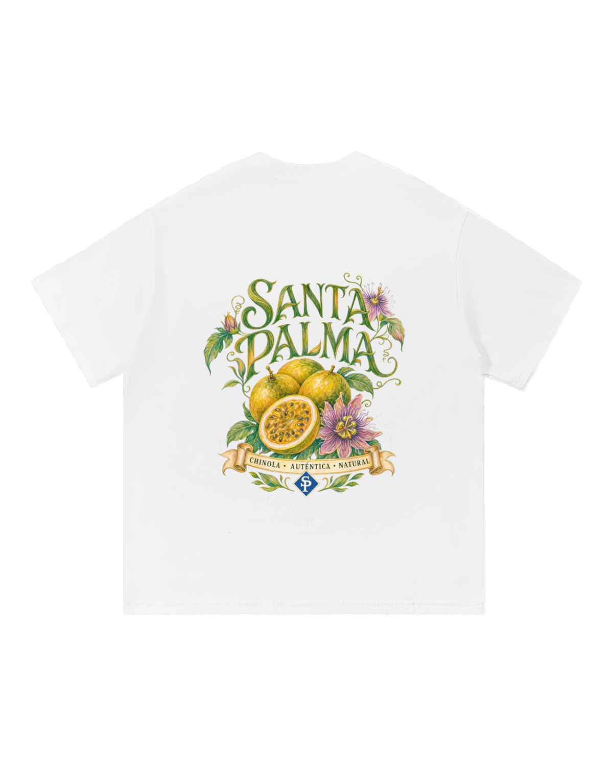 Back of a white tee: SANTA PALMA in vine lettering over three chinolas, one halved, a passionflower and a gold banner.