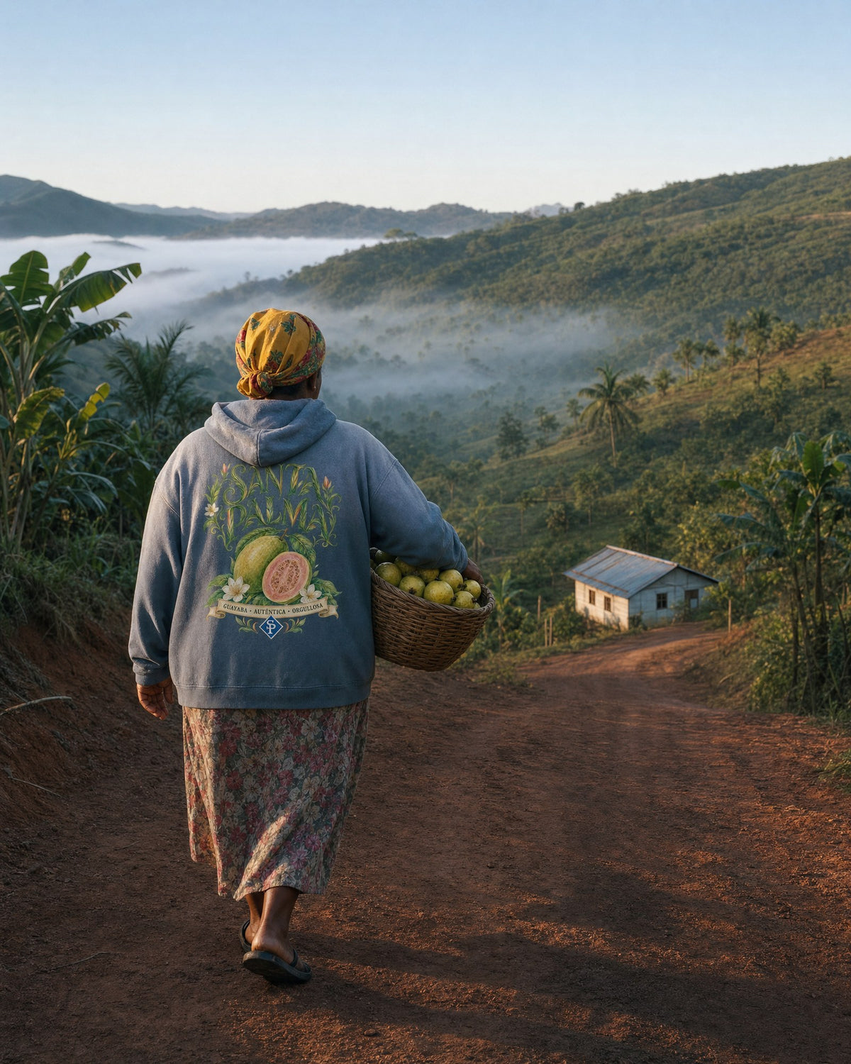 A woman walking away up a red dirt road at first light in the hoodie, a basket of guavas on her hip, mist lying in the valley below.