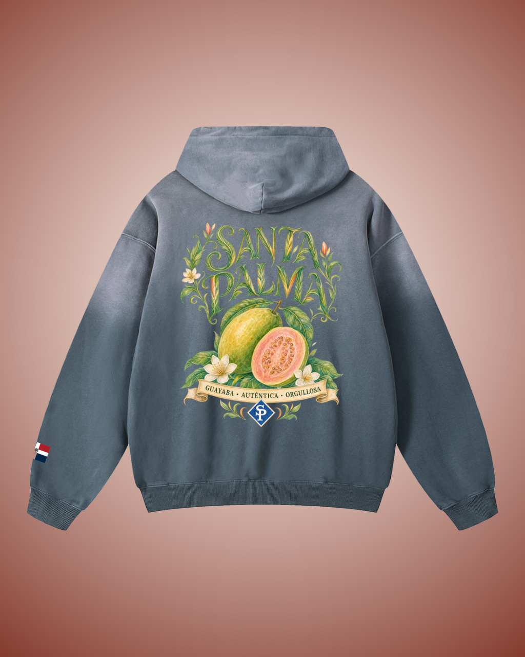 Back of the same hoodie: SANTA PALMA in foliate lettering above a whole and a halved guava with white blossoms, banner GUAYABA · AUTÉNTICA · ORGULLOSA, SP diamond below.