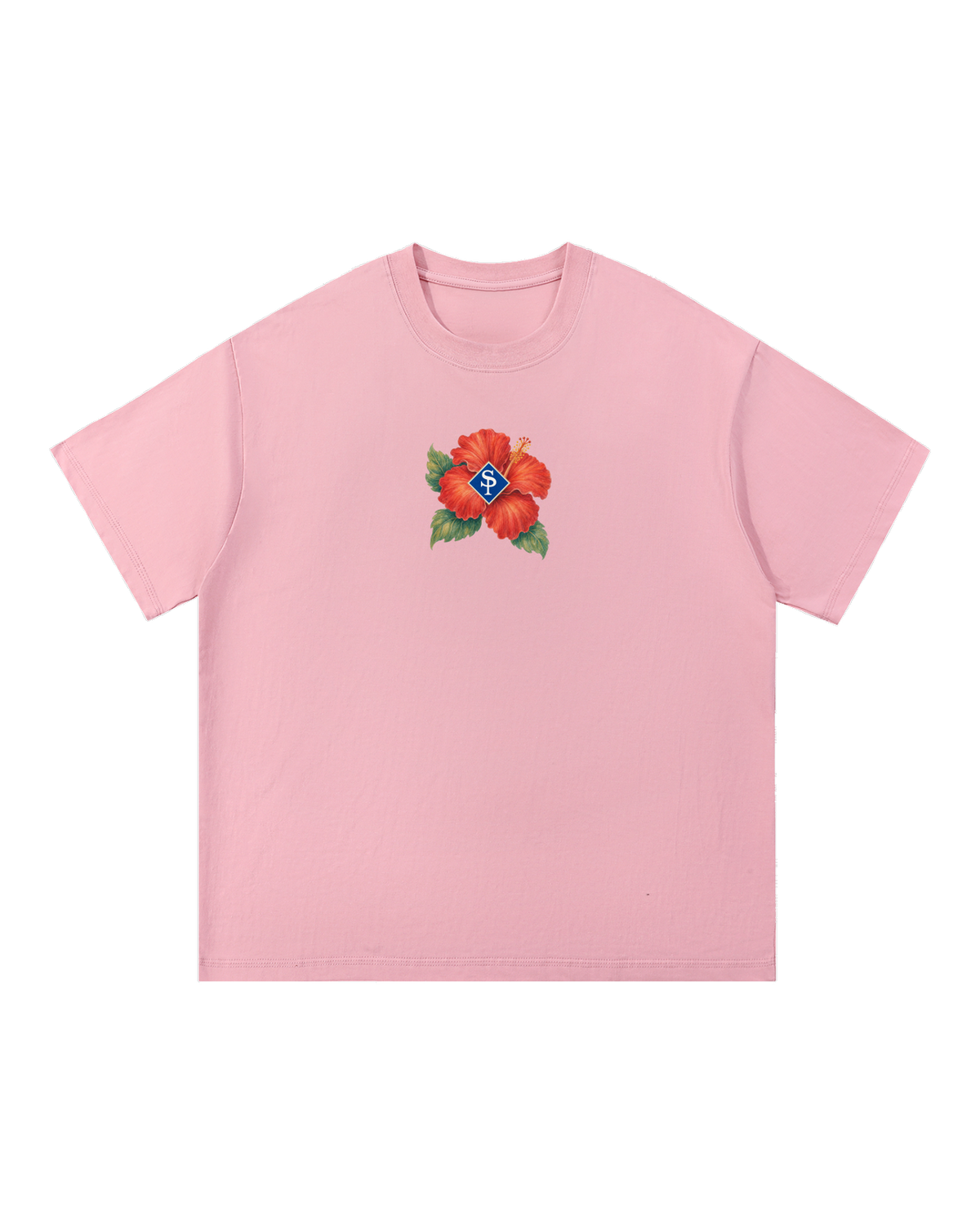Boxy pink cotton tee with a small scarlet hibiscus at the chest, a blue SP diamond set into the bloom.