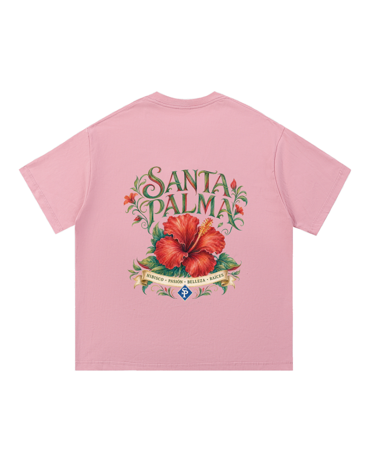 Back of a pink tee: SANTA PALMA in leafy lettering above a scarlet hibiscus and a lettered banner.