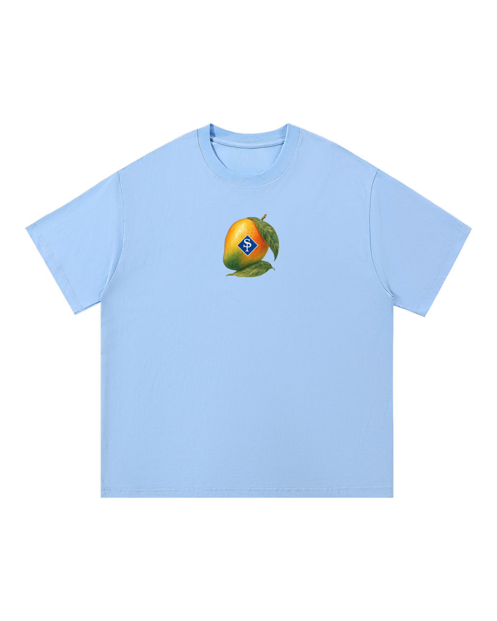 Light blue boxy tee with a small chest illustration of a whole mango, leaves, and a blue SP diamond on its cheek.