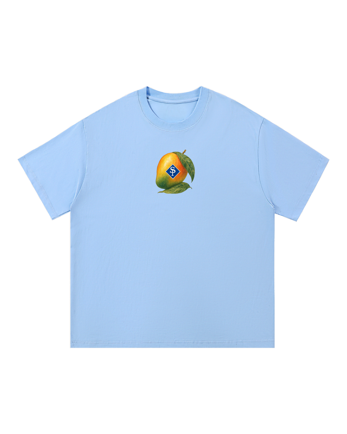 Light blue boxy tee with a small chest illustration of a whole mango, leaves, and a blue SP diamond on its cheek.