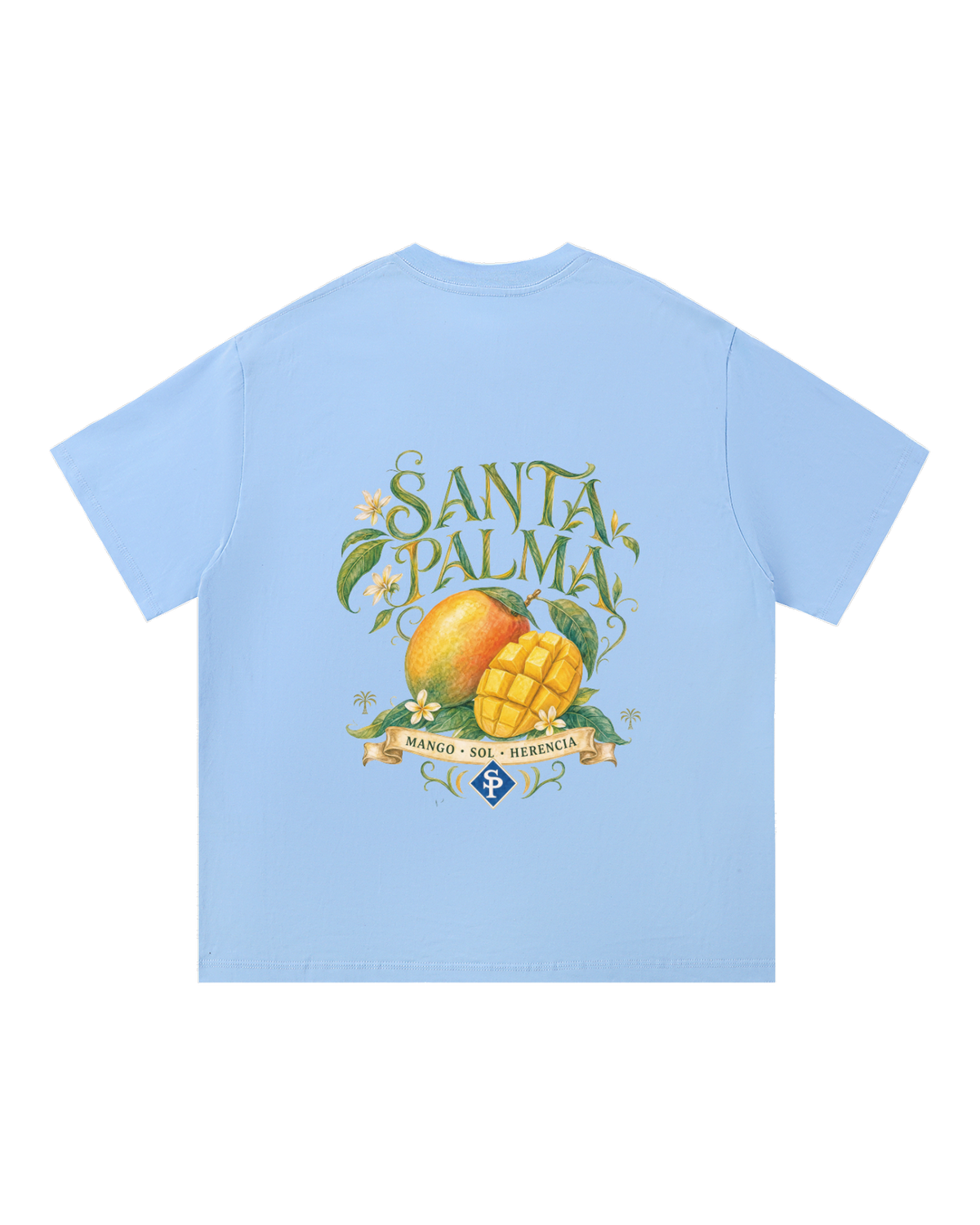 Back print: SANTA PALMA in leafy letters above a whole and cut mango, over a banner reading MANGO · SOL · HERENCIA.