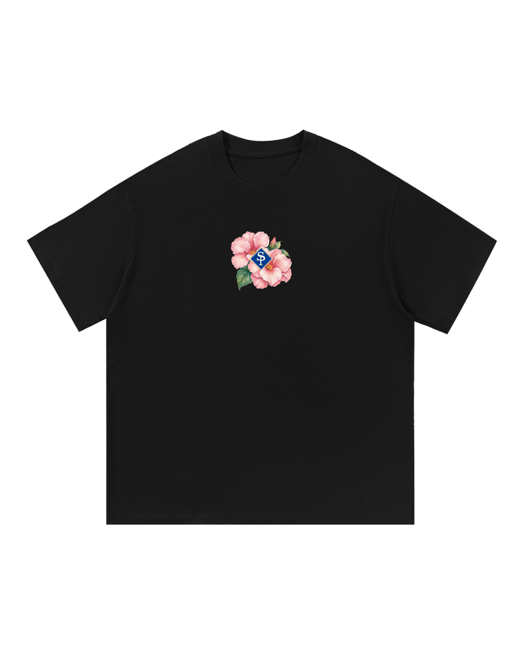 Black boxy tee, front: pink Rosa de Bayahíbe blooms and green leaves clustered around a small blue SP diamond.