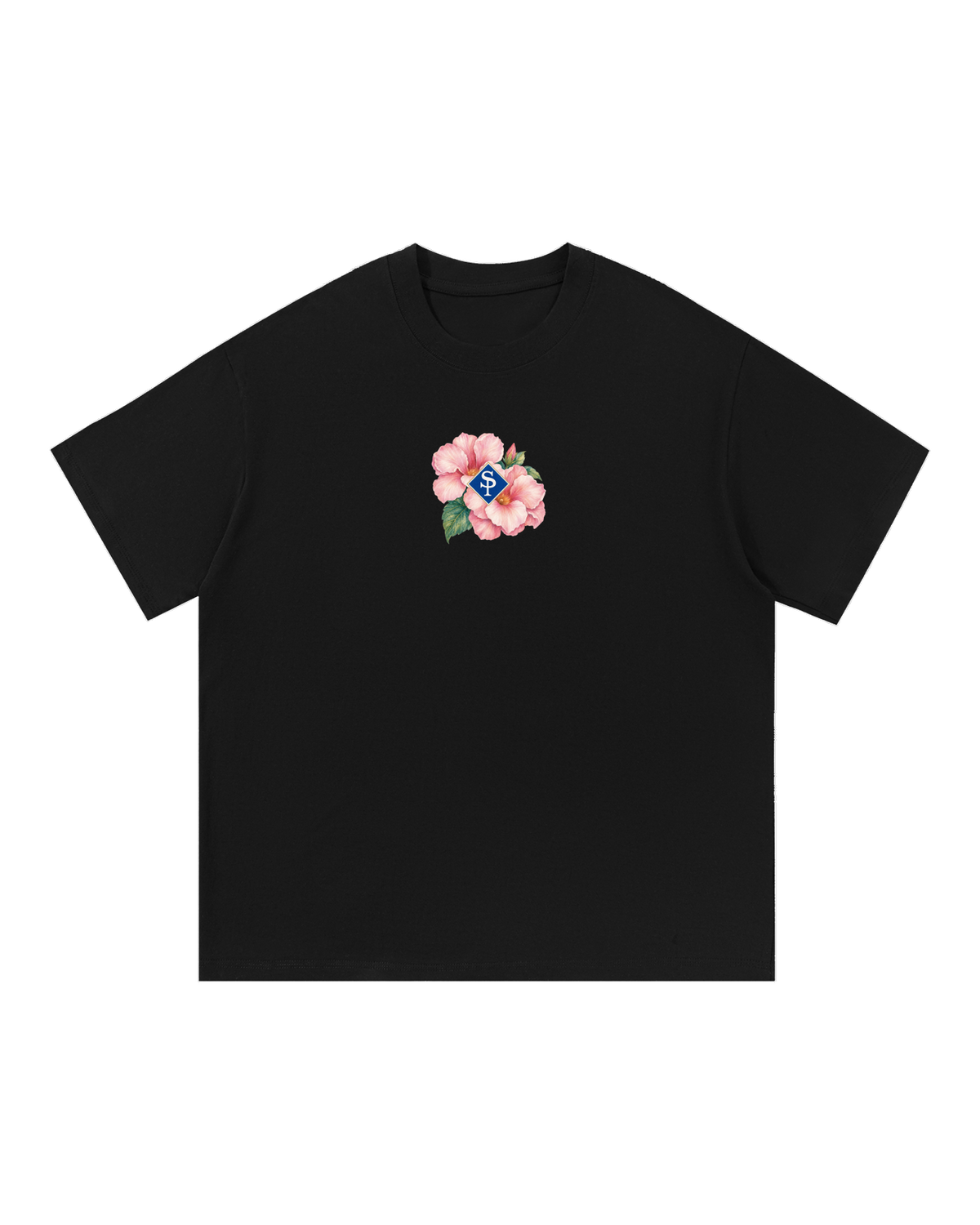 Black boxy tee, front: pink Rosa de Bayahíbe blooms and green leaves clustered around a small blue SP diamond.