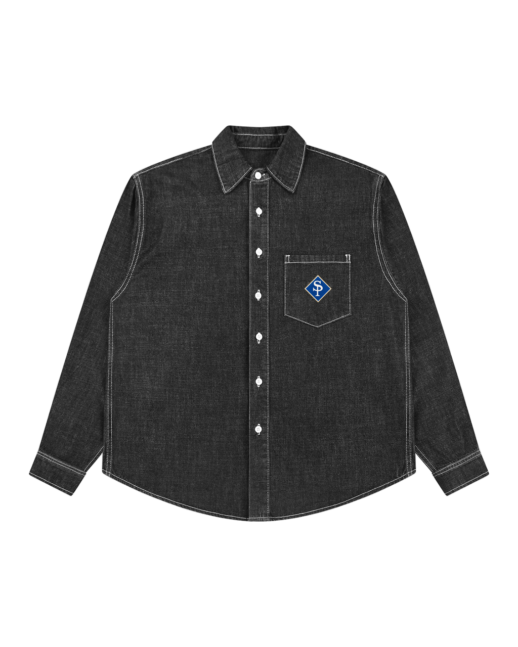 Washed black denim overshirt, white topstitch and white buttons, the blue and gold SP diamond on the chest pocket.
