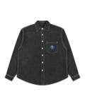 Washed black denim overshirt, white topstitch and white buttons, the blue and gold SP diamond on the chest pocket.