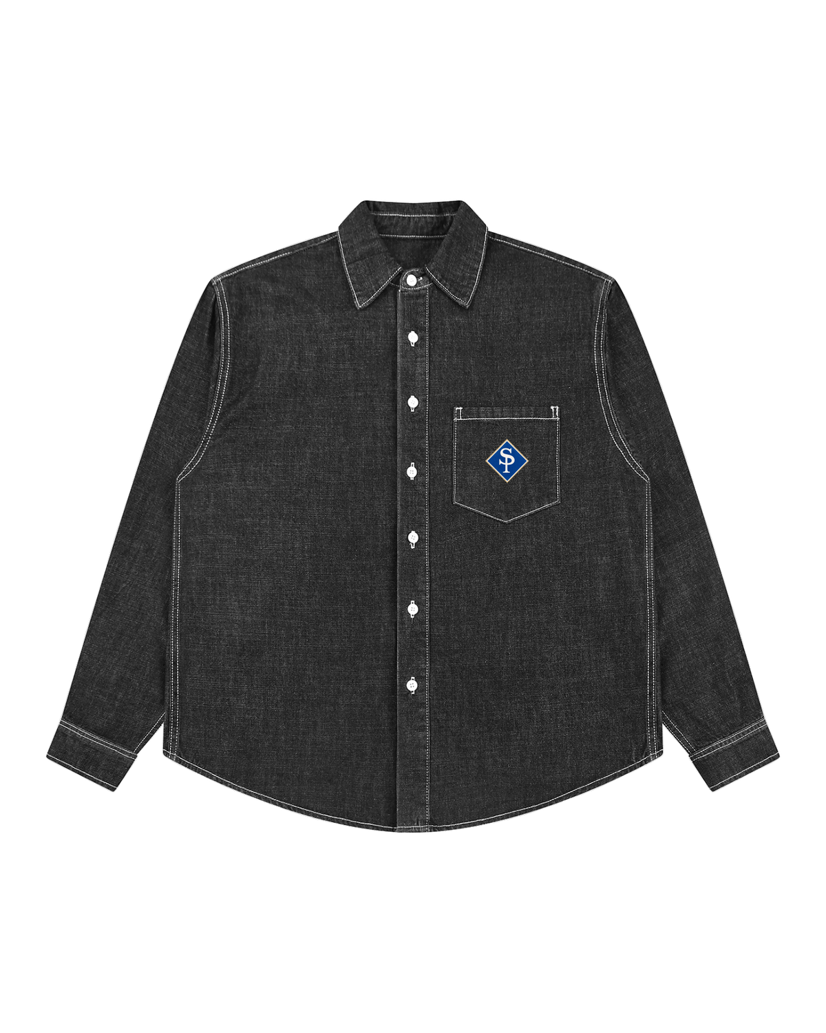 Washed black denim overshirt, white topstitch and white buttons, the blue and gold SP diamond on the chest pocket.