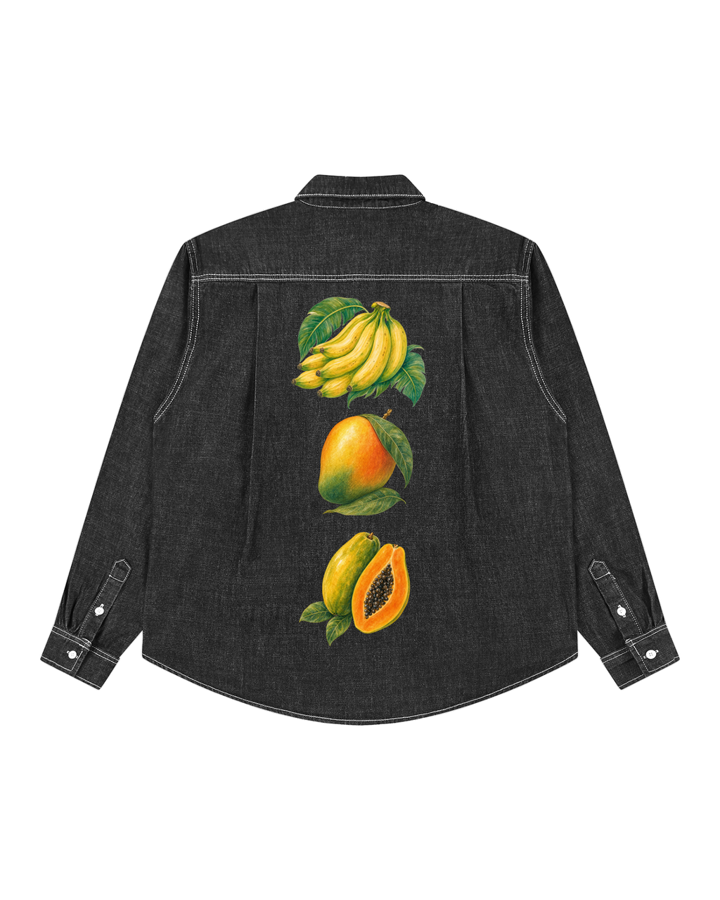 Back of the overshirt: guineos, a mango and a cut papaya stacked in one vertical line down the centre. No lettering.