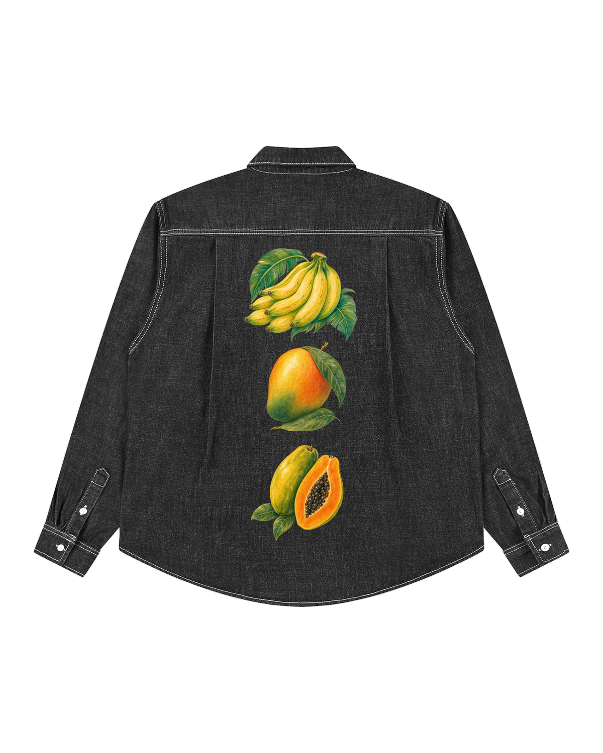 Back of the overshirt: guineos, a mango and a cut papaya stacked in one vertical line down the centre. No lettering.