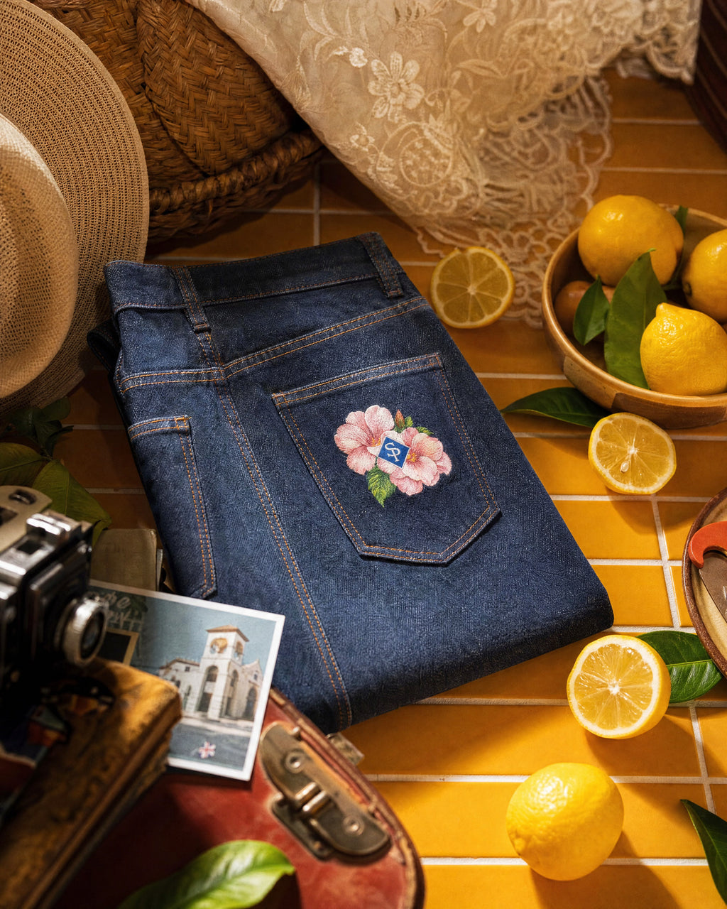 The indigo jeans folded on yellow tiles, the Rosa de Bayahíbe embroidery on the back pocket, with lemons, a straw hat and an old camera beside them.