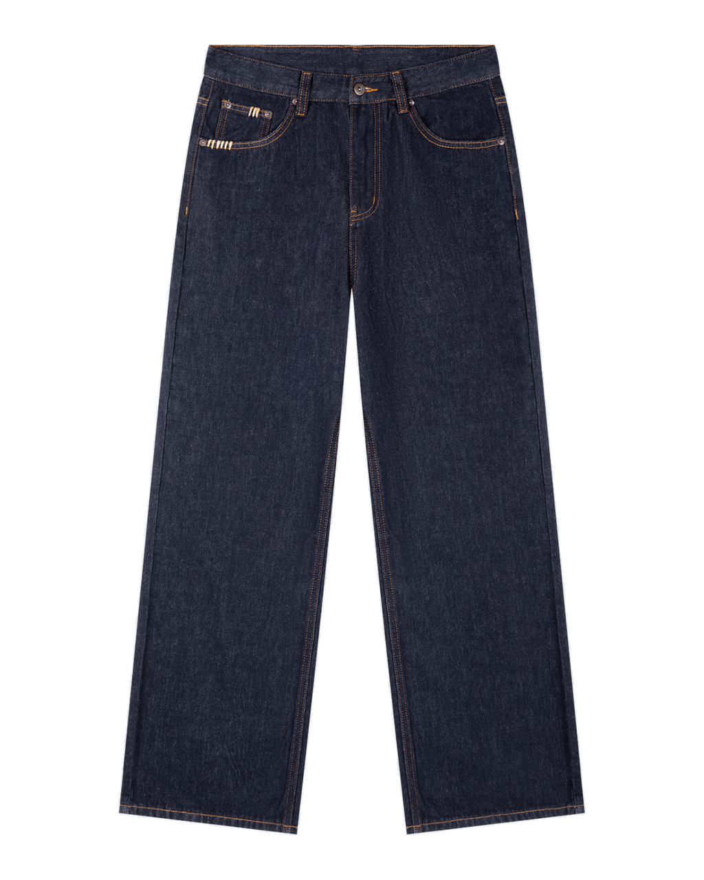 Raw indigo jeans, wide straight leg, front plain: gold-orange topstitch, copper rivets, cream bar-tacks at the pockets.