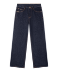 Raw indigo jeans, wide straight leg, front plain: gold-orange topstitch, copper rivets, cream bar-tacks at the pockets.