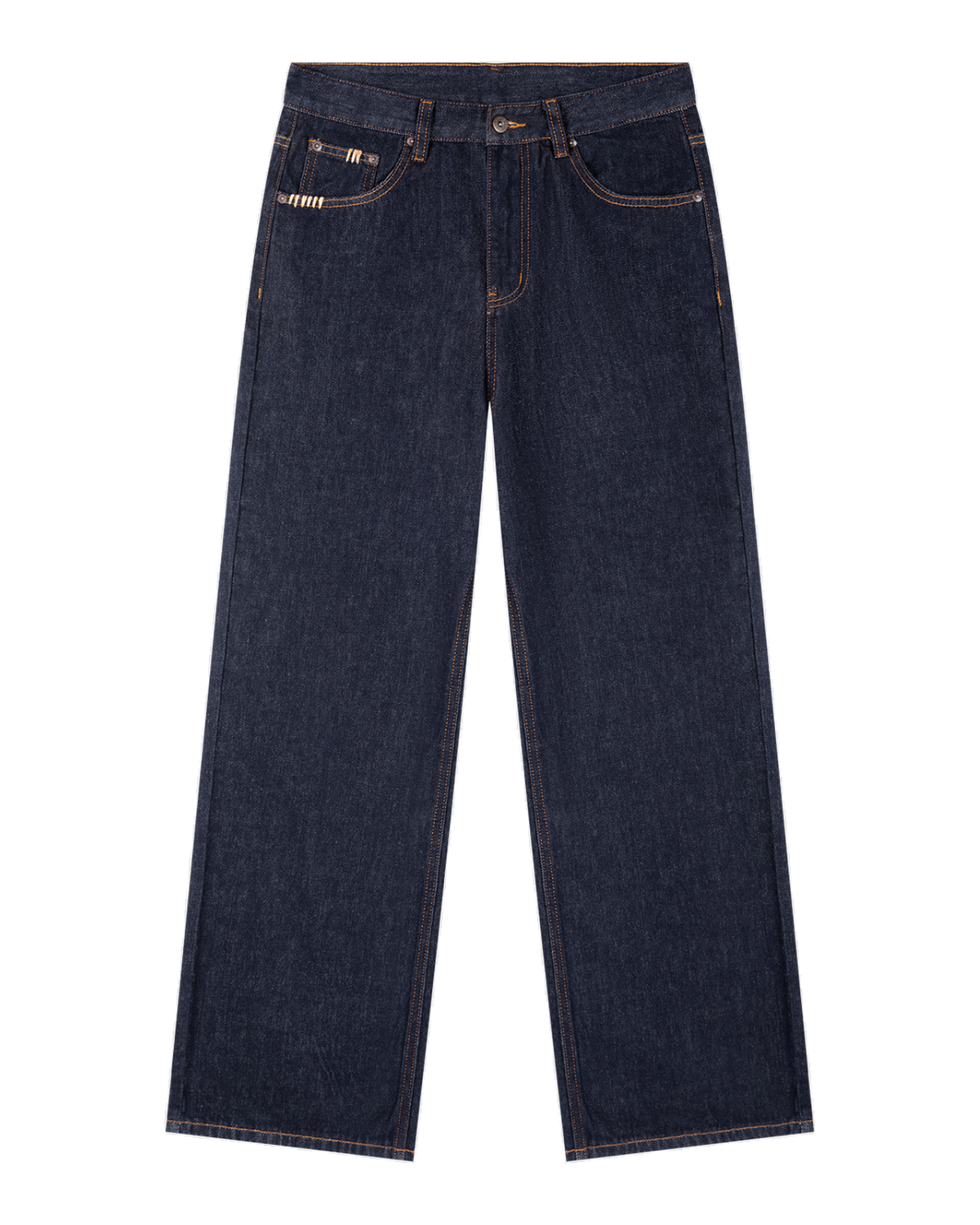 Raw indigo jeans, wide straight leg, front plain: gold-orange topstitch, copper rivets, cream bar-tacks at the pockets.