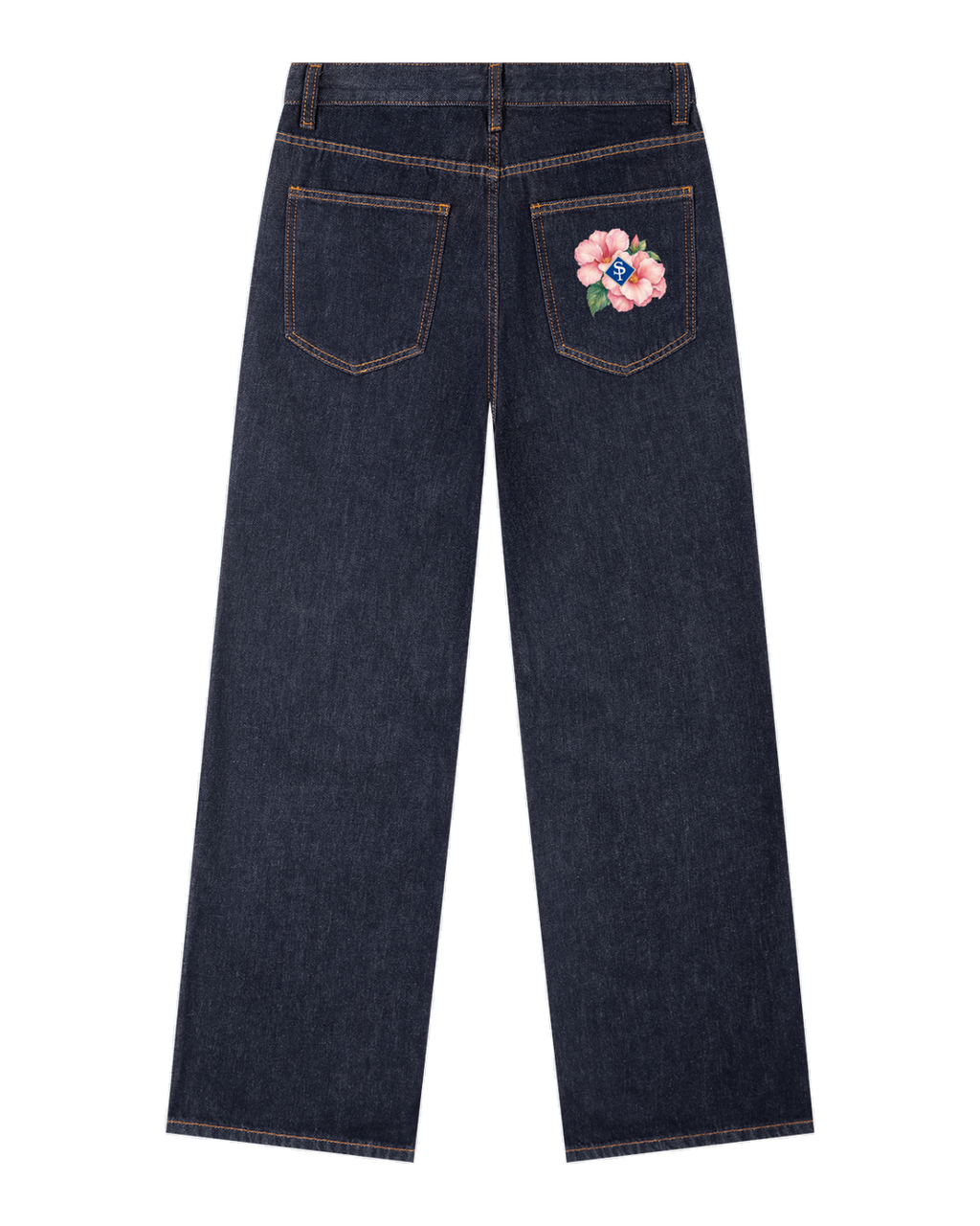 Back of the raw indigo jeans: the Rosa de Bayahíbe in pink bloom on the right back pocket, the SP diamond at its centre.