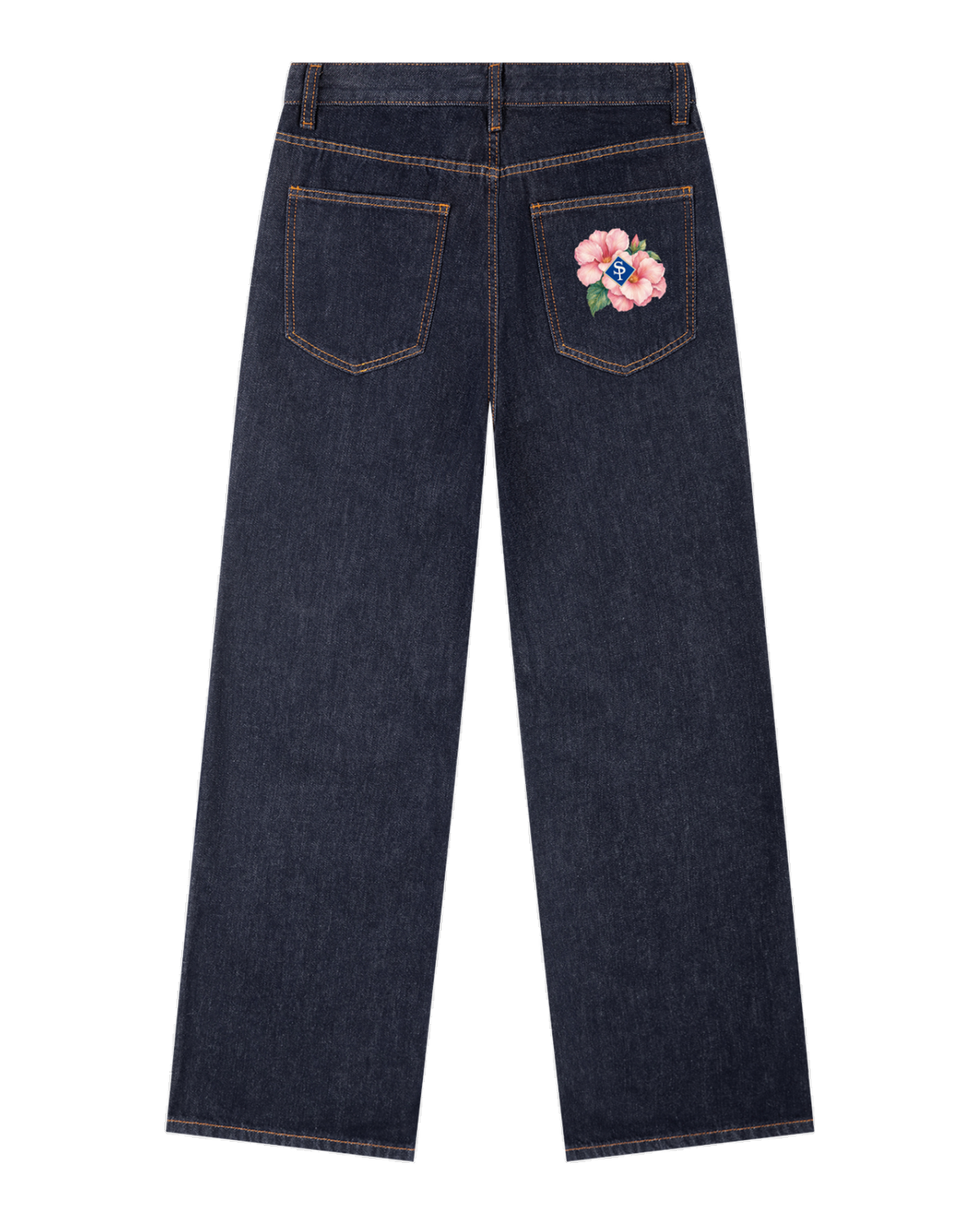 Back of the raw indigo jeans: the Rosa de Bayahíbe in pink bloom on the right back pocket, the SP diamond at its centre.